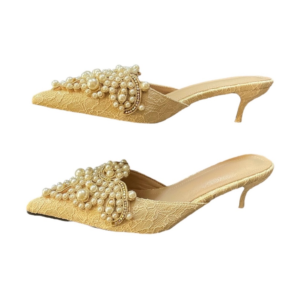 SHEIN Pearl-Embellished Pointed Mules in Gold - Picture 2 of 3